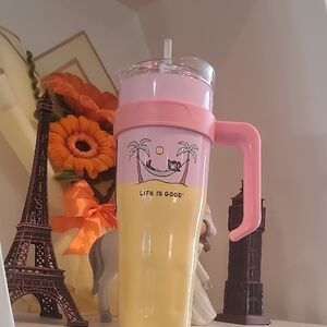 Life Is Good Pink and Yellow Insulated Tumbler with Handle